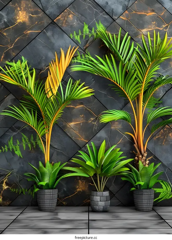 Tropical Plants Against a Stone Wall Background