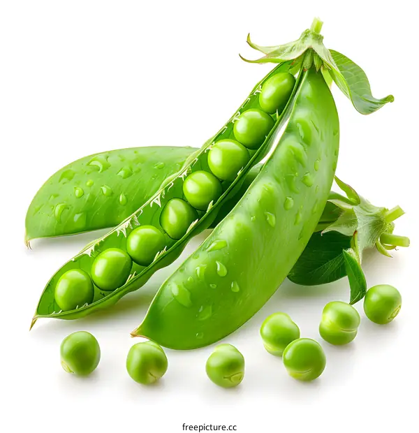 Fresh green peas in pods with leaves isolated on white background. Peas closeup.