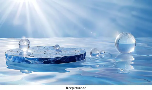 3D rendering of a blue marble platform floating on water with crystal balls
