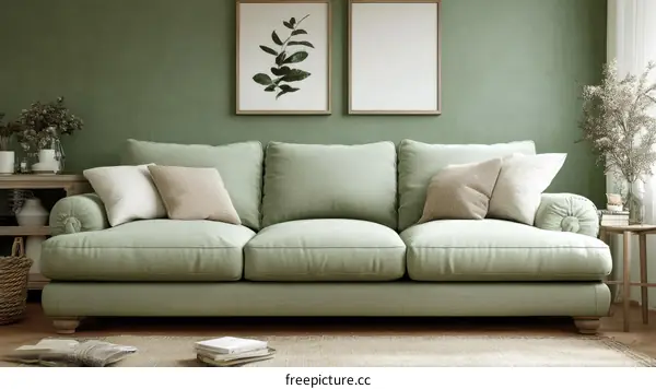 A Calm and Cozy Living Room with a Green Sofa