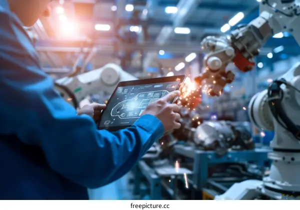 technician using tablet to monitor automated production line