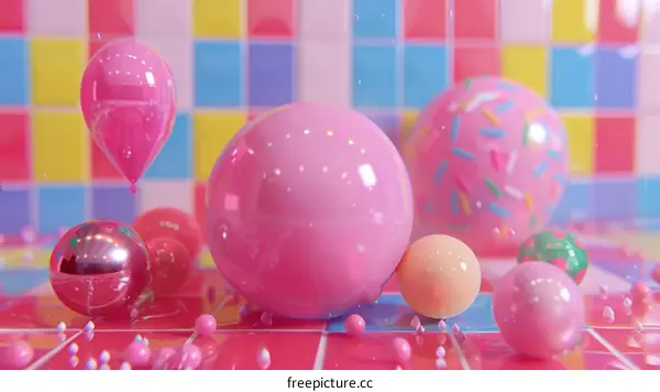 Colorful 3D spheres and balloons on a pink and blue checkered background