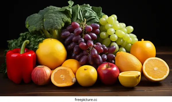 A variety of fruits and vegetables are arranged on a wooden table.