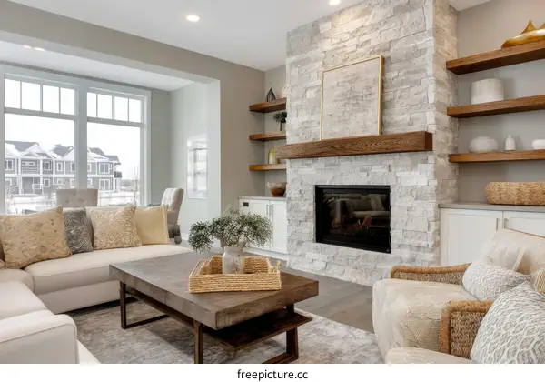 Modern Living Room with Stone Fireplace