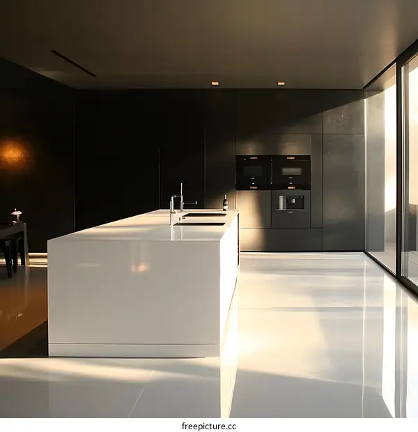 Modern Kitchen Interior Design with White Island and Black Cabinets