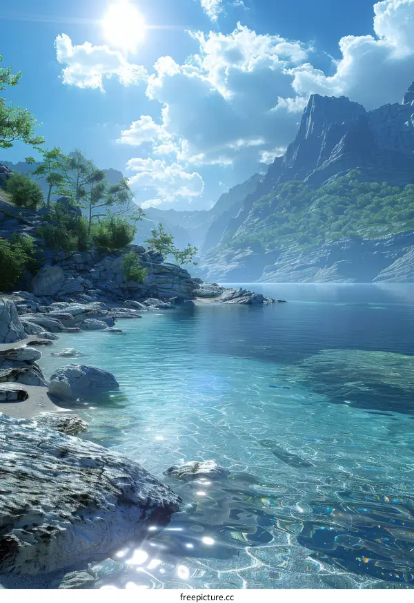 Lush Tropical Island with Rocky Coastline and Azure Waters