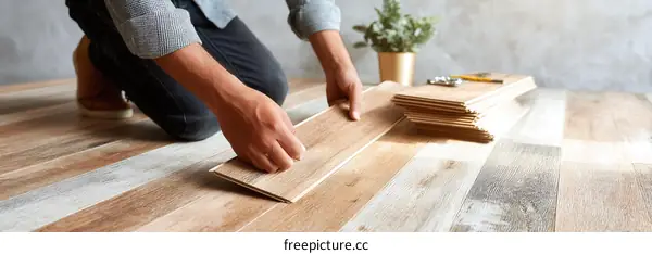 Man installing wooden floor boards in a room