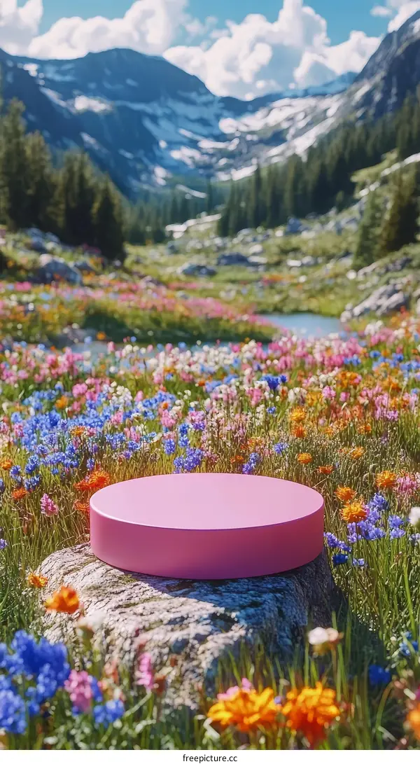 Pink Display Platform in a Colorful Meadow Landscape
