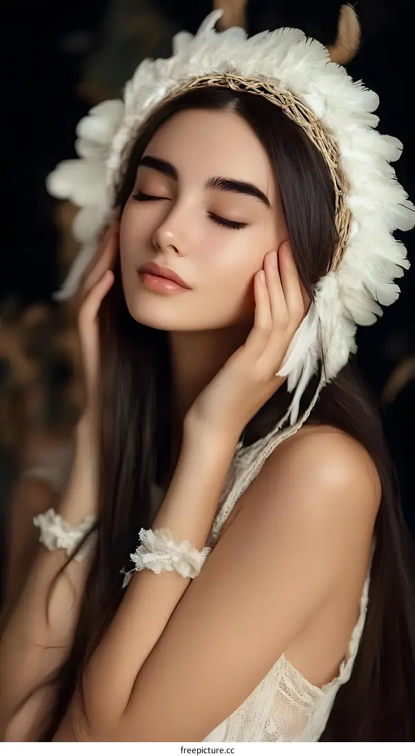 Portrait of a Woman With White Feathers in Her Hair