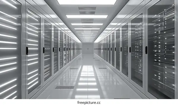 Futuristic data center with rows of server racks