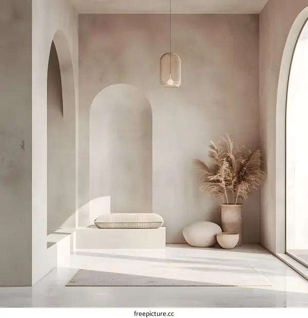 Minimalist Interior Design with Arched Windows and a Woven Light Fixture