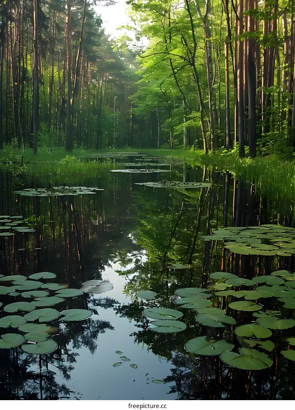 Serene Forest Pond with Water Lilies