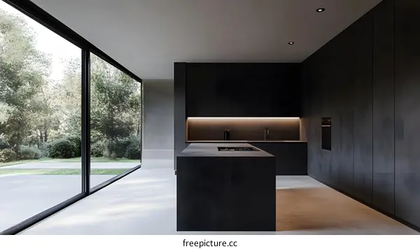 Minimalist Black Kitchen Interior Design with Large Window