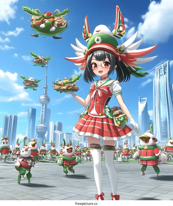 Anime Girl in a Festive Outfit Holding a Plate of Food in a City with Flying Food