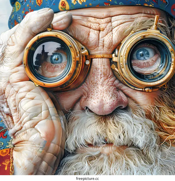 An old man with steampunk goggles is looking at the camera.