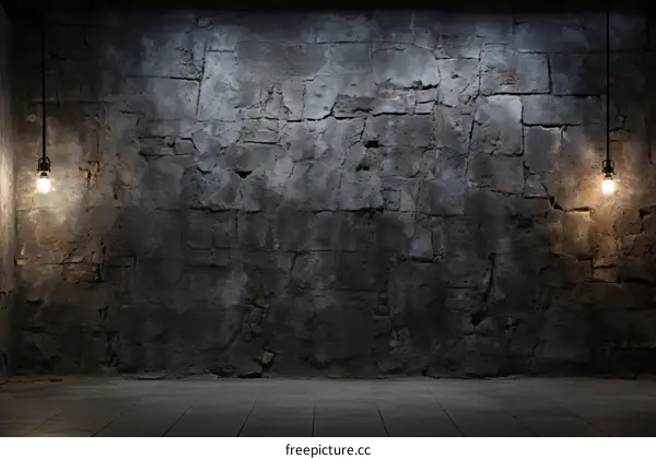 Grunge concrete wall with two hanging light bulbs