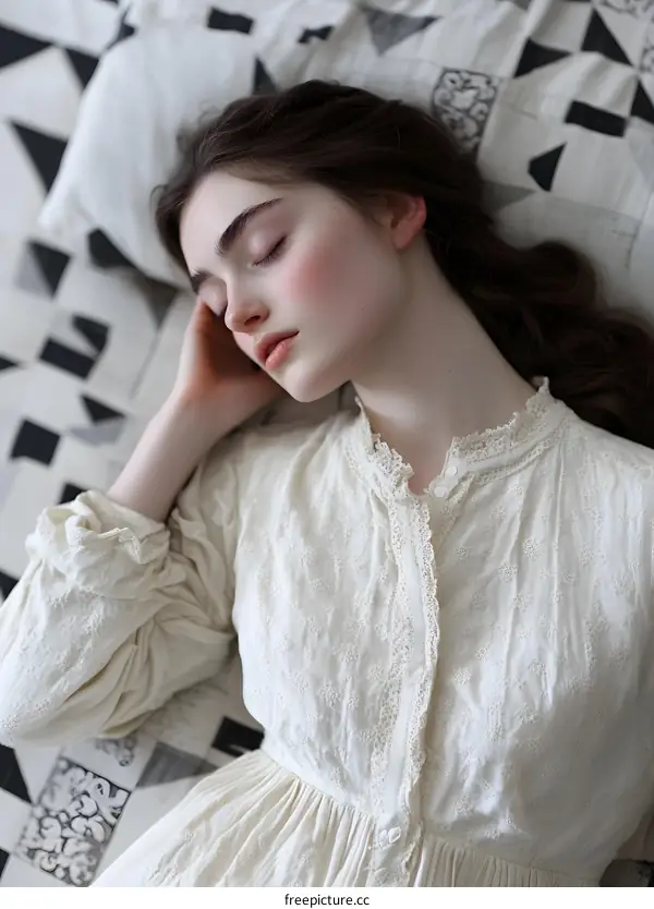 Woman Sleeping in a White Dress on a Bed with a Patterned Blanket
