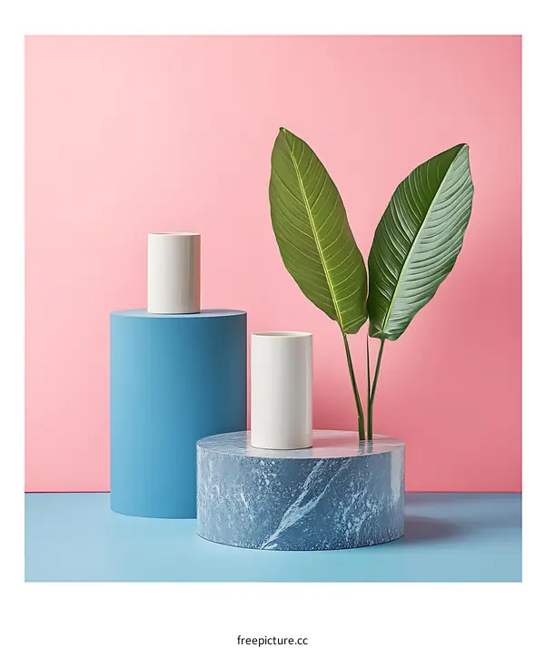 Minimalist Product Display with Blue and Pink Background and Green Plant