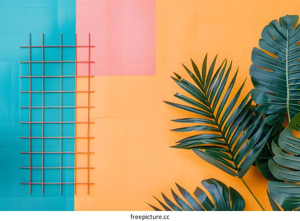 Tropical Leaves and Geometric Grid on Colorful Background