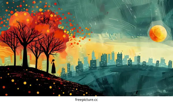 girl standing alone in a field of red flowers looking at the city