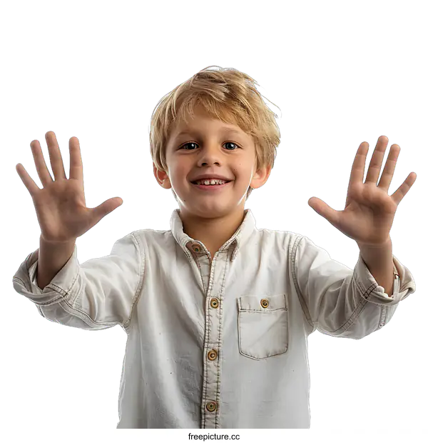 [Transparent Background PNG]Portrait of a happy young boy with blond hair and blue eyes, smiling and holding his hands up in the air.