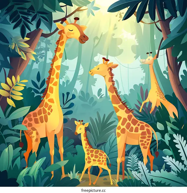 Family Of Giraffes In The Jungle