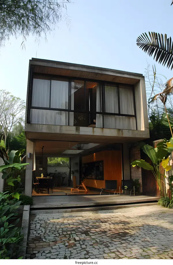 Modern Concrete Home With Stone Patio And Lush Greenery