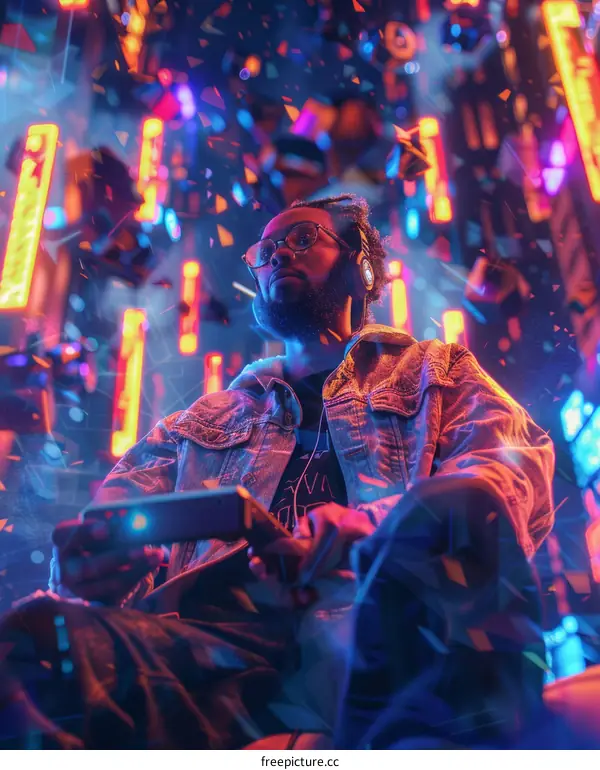 African American man using smartphone in futuristic city