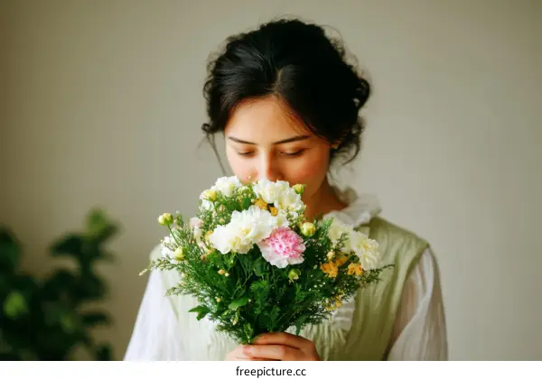 Asian Woman Smelling Beautiful Bouquet of Flowers