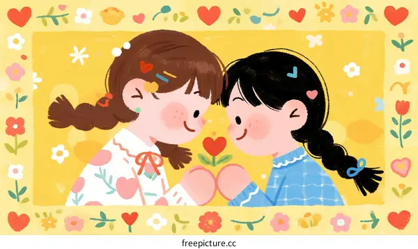 Two Little Girls Holding a Red Flower with Happy Expression