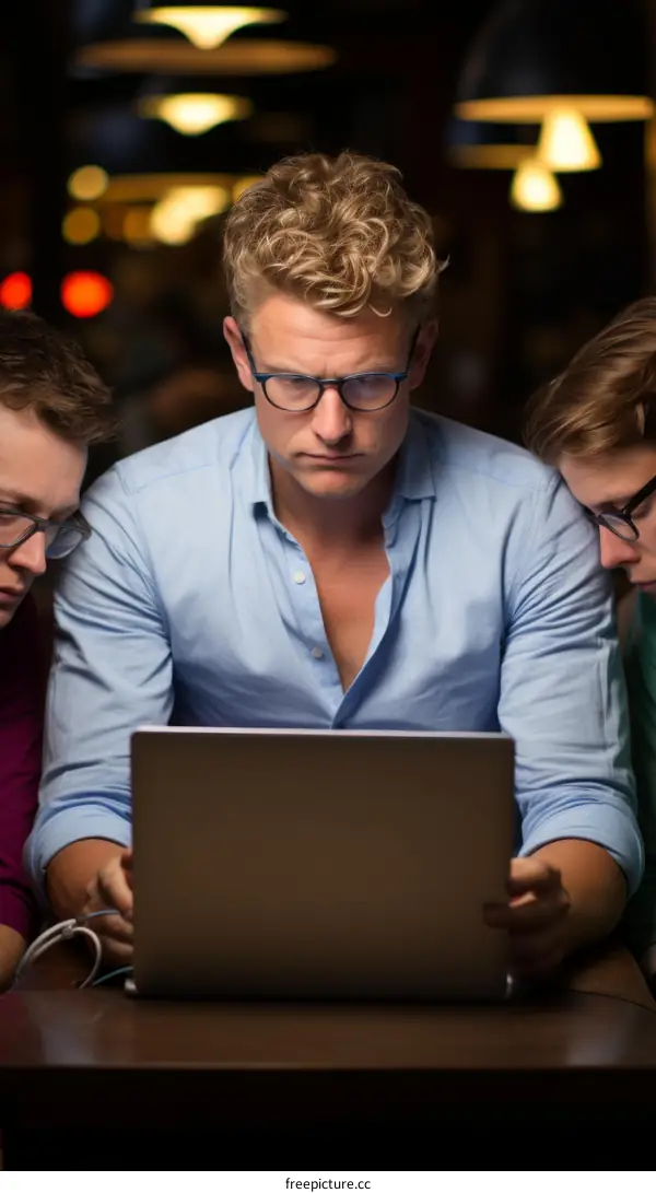 Three young men looking at laptop screen in dark room