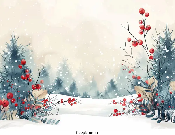 Winter Snow Scene Illustration with Pine Tree and Red Berries