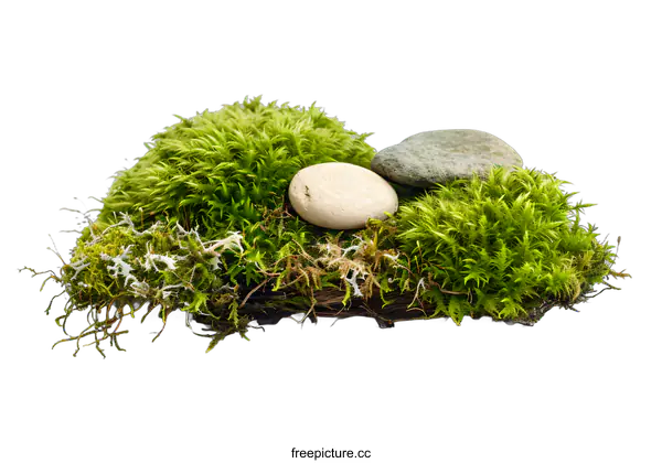 [Transparent Background PNG]Green Moss With Stones on White Background