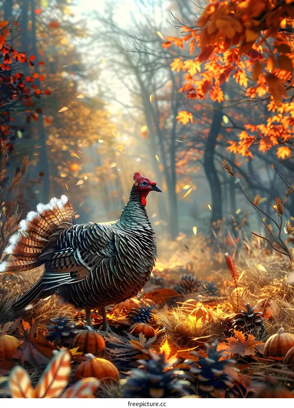 A turkey standing in an autumn forest