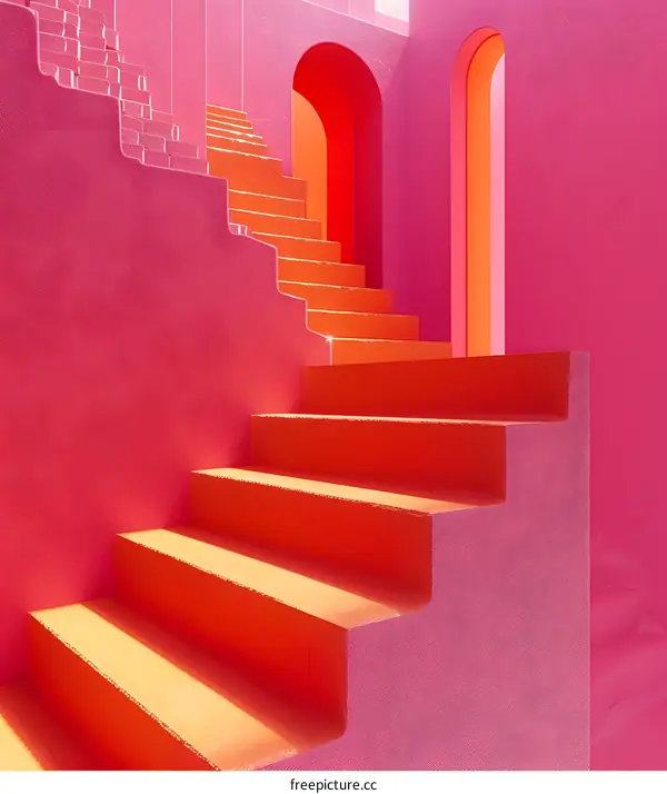 Pink And Orange Stairs Leading Up To An Archway