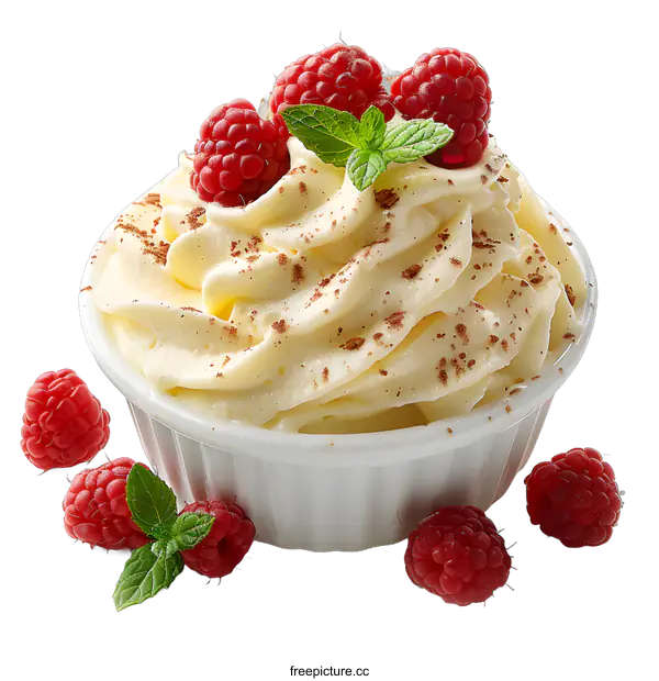 [Transparent Background PNG]A bowl of whipped cream and raspberries