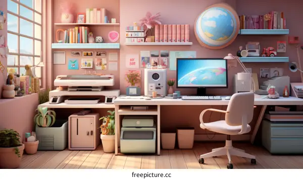 Aesthetic Home Office with Bookshelves and Pink and Blue Decor