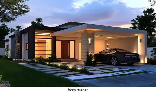 Modern House Exterior Design with Car and Landscape
