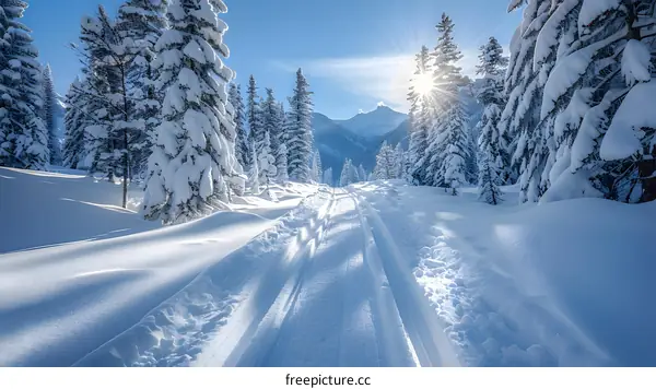 The Cross-country Skiing Track in the Beautiful Winter Forest