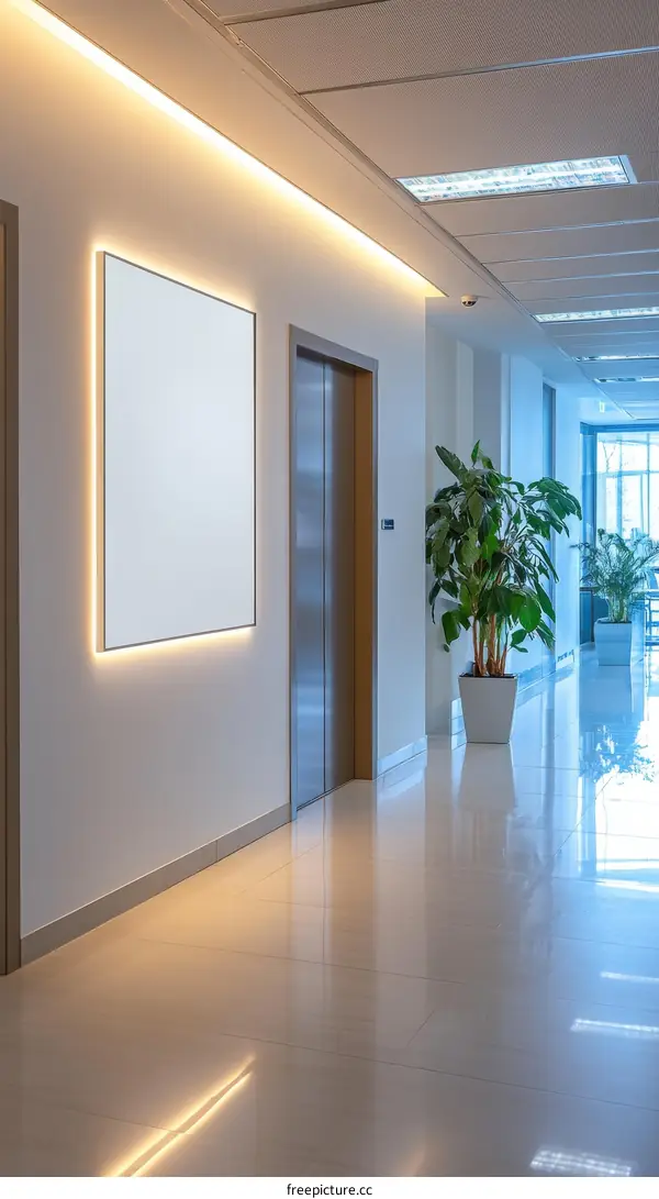 Modern Office Corridor with Empty Advertisement Panel