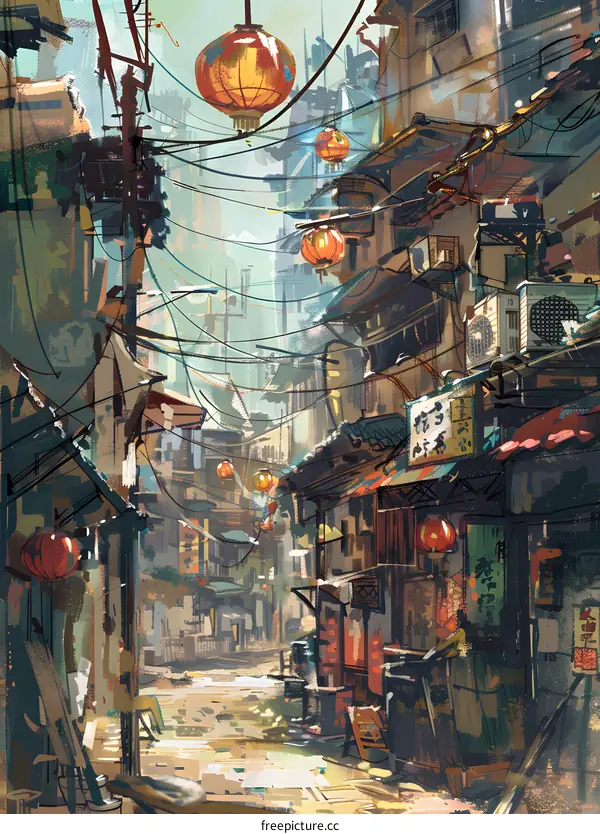 Digital Painting of an Asian Street Scene with Red Lanterns
