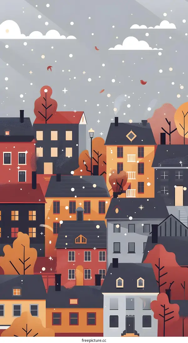 Snowy Day in City with Colorful Buildings Illustration