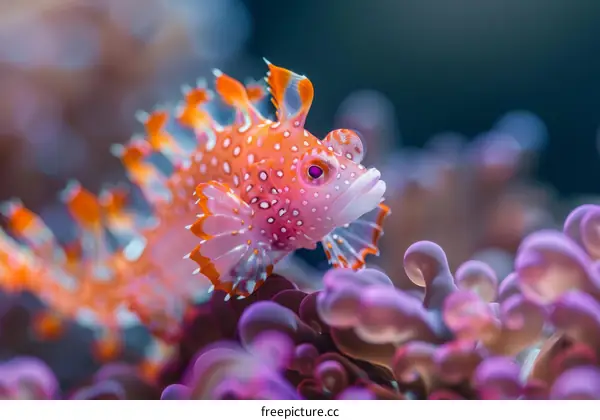 A tiny fish with a large, flowing tail swims past a bed of vibrant coral