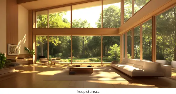 Modern Minimalist Living Room Design with Floor to Ceiling Windows