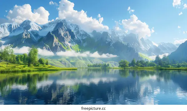 The sun shines on the mountains and the lake