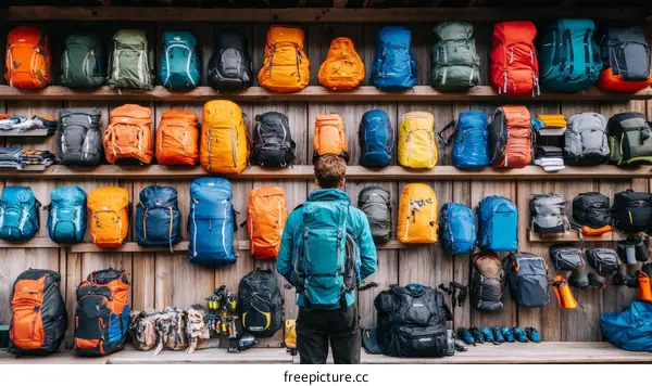Colorful Backpacks Displayed on Wooden Shelves