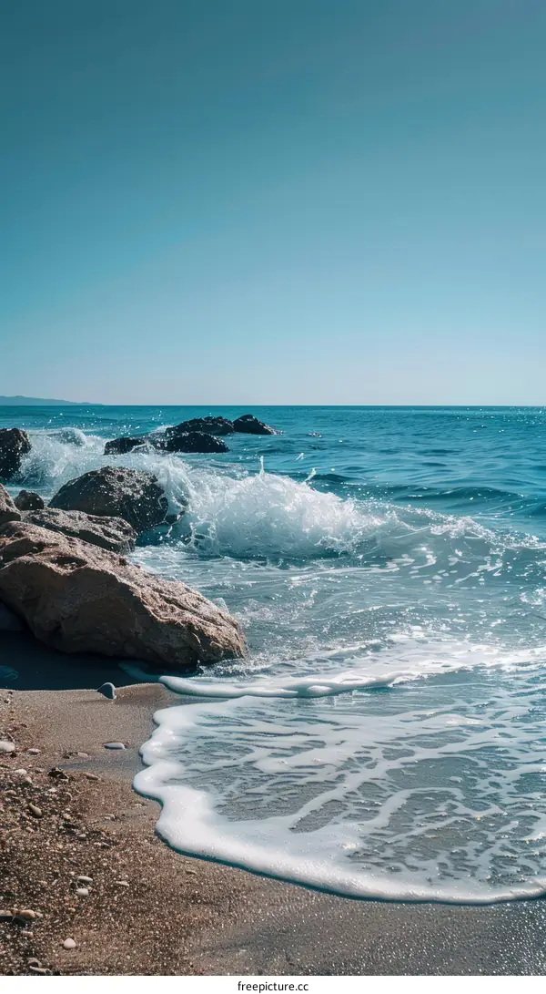Azure sea hitting the rocks on the beach