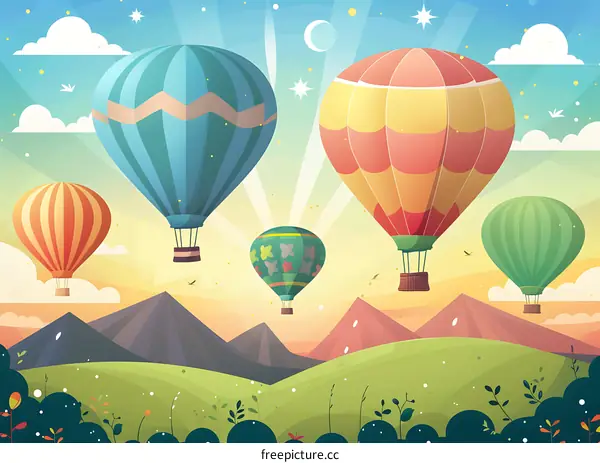 Hot Air Balloons Flying Over Mountains Landscape Illustration