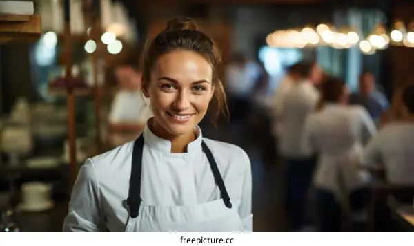 Portrait of a young female chef smiling in a restaurant kitchen