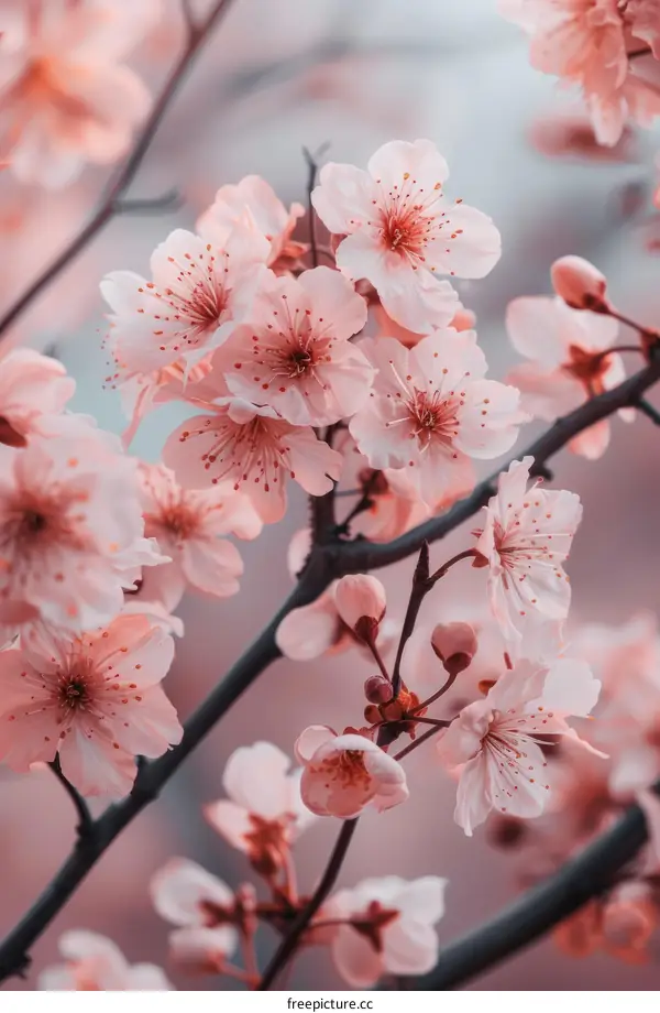 Delicate pink cherry blossoms in full bloom on a tree branch